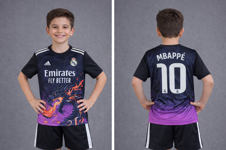 لباس فوتبال رئال مادرید طرح اژدها امباپه 2025